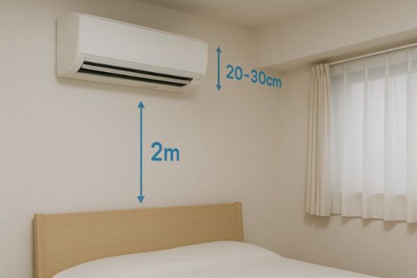 Đặt điều hòa cao 20–30cm, cách giường 2m